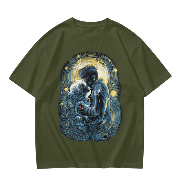 Olive T-Shirt With Starry Night Style Embracing Couple Art