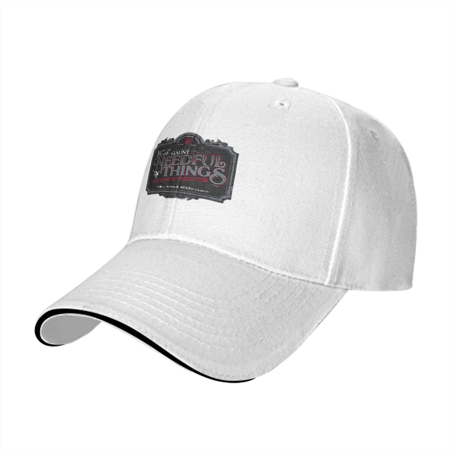 Black baseball cap with Needful Things themed graphic