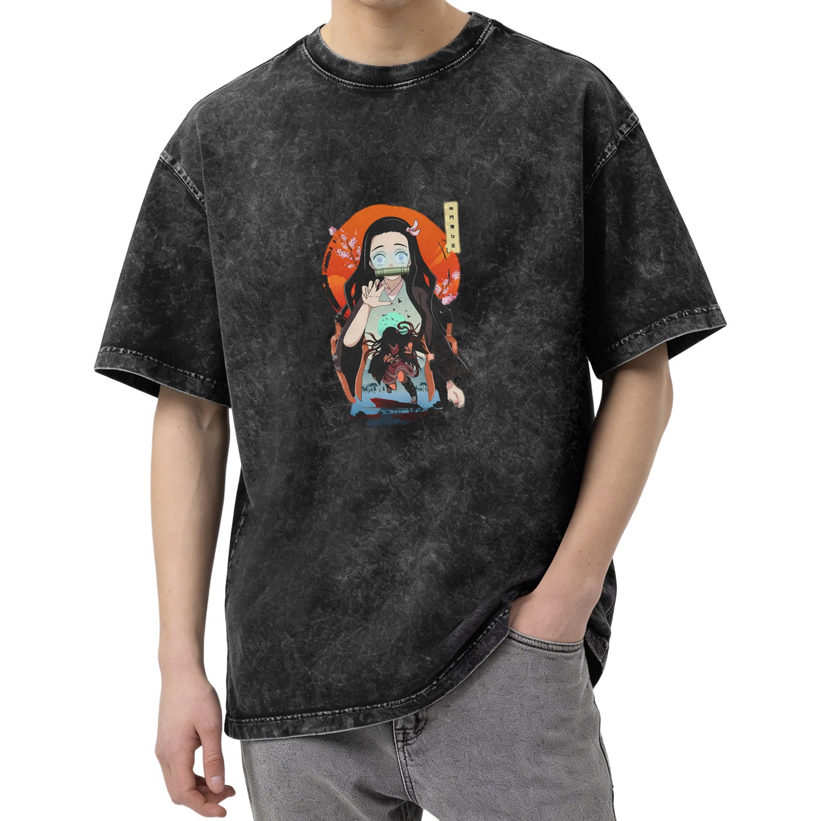 Demon Slayer: Kimetsu no Yaiba Nezuko themed old washed black loose short-sleeved T-shirt