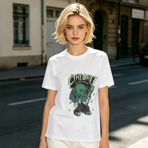 Olive T-Shirt Featuring Chibi Cthulhu Rocking a Guitar