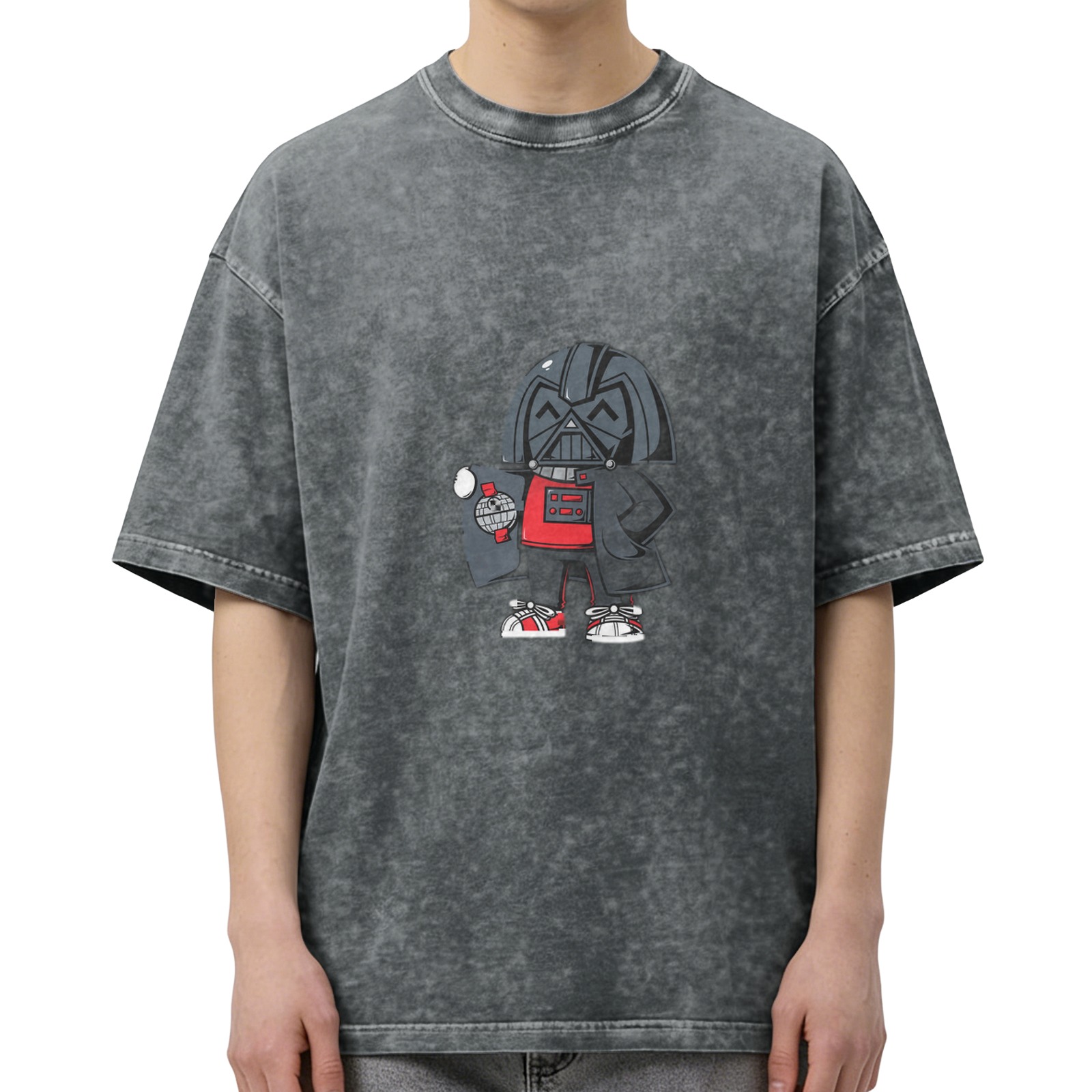 Oversized Dark Wash T-Shirt With Chibi Darth Vader Graphic
