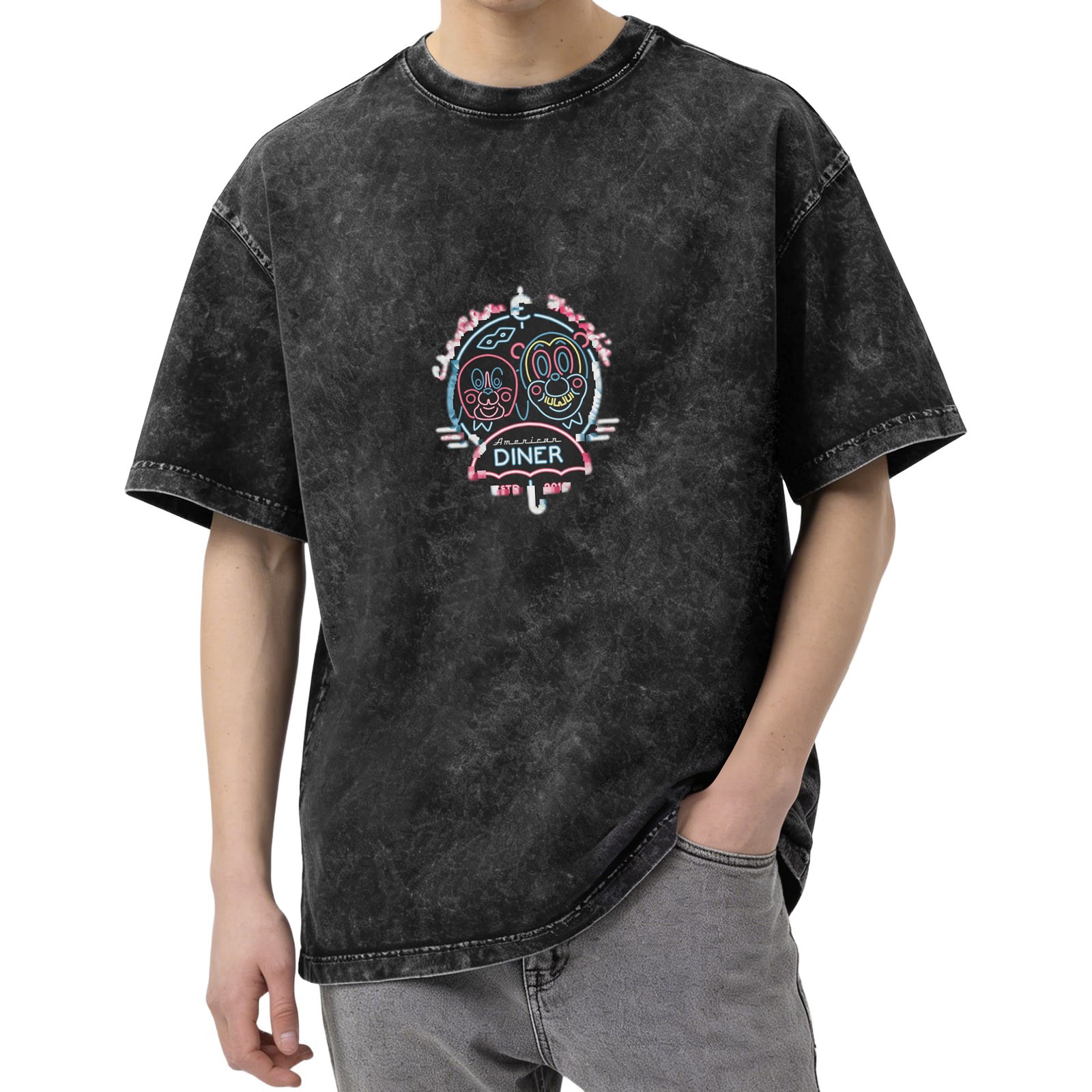Distressed washed black American retro diner clown pattern printed loose short-sleeved T-shirt