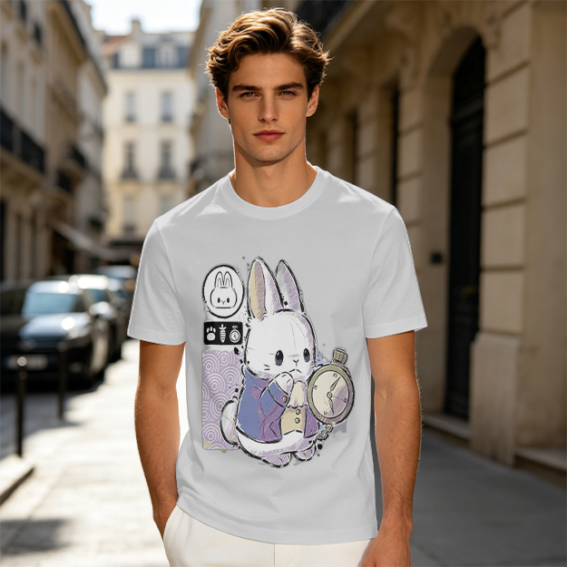 Olive T-Shirt With White Rabbit Holding Pocket Watch Print
