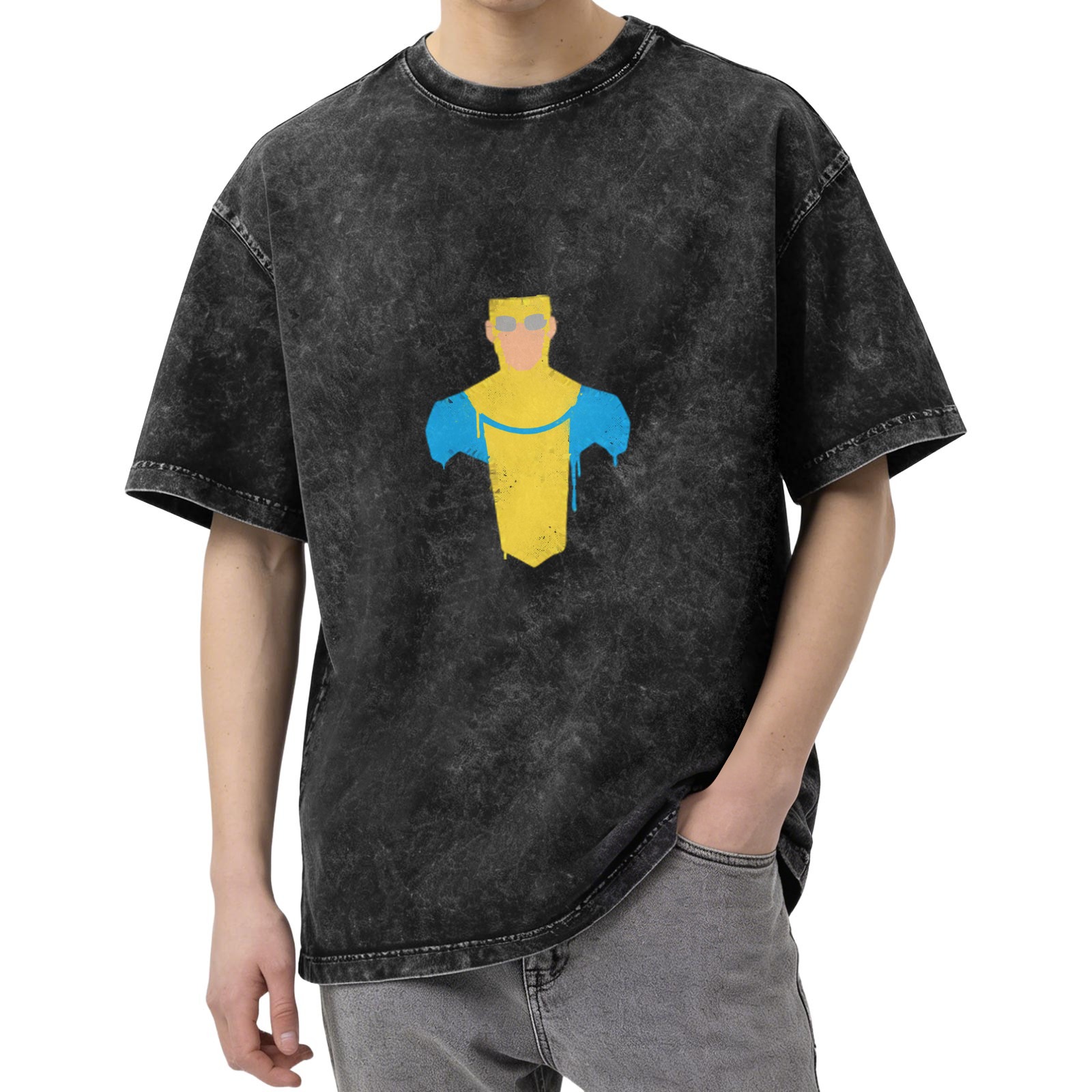 Distressed washed black loose short-sleeved T-shirt with minimalist superhero print on the chest