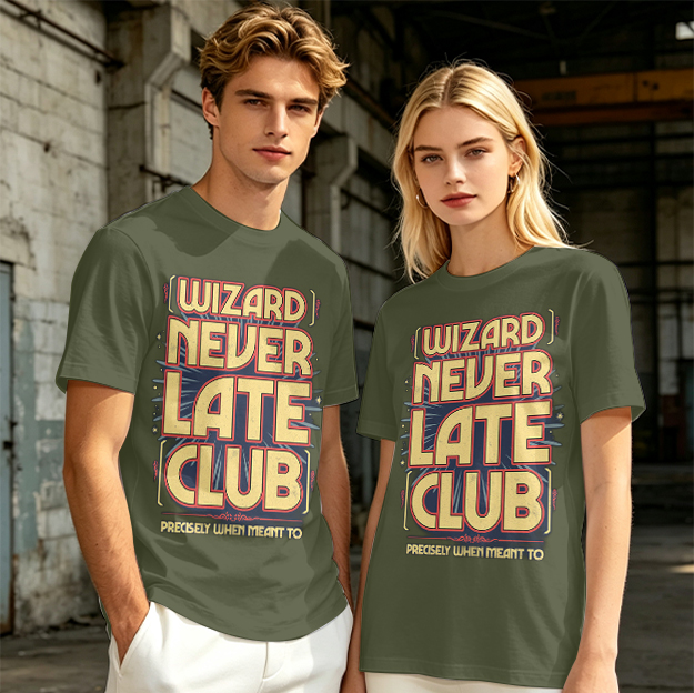 Olive t-shirt with Wizard Never Late Club graphic print