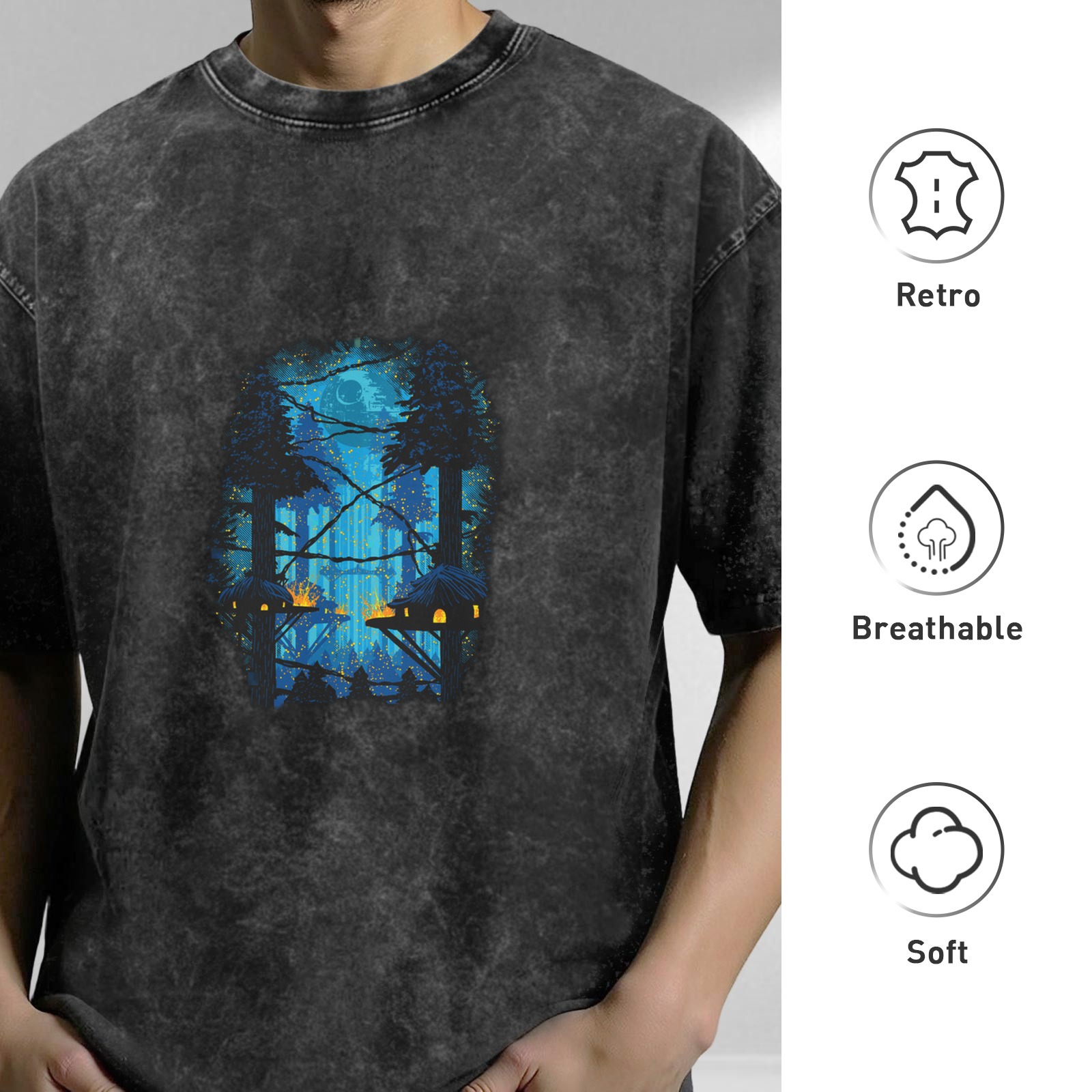 Oversized Acid Wash T-Shirt with Mystical Forest Treehouse Graphic