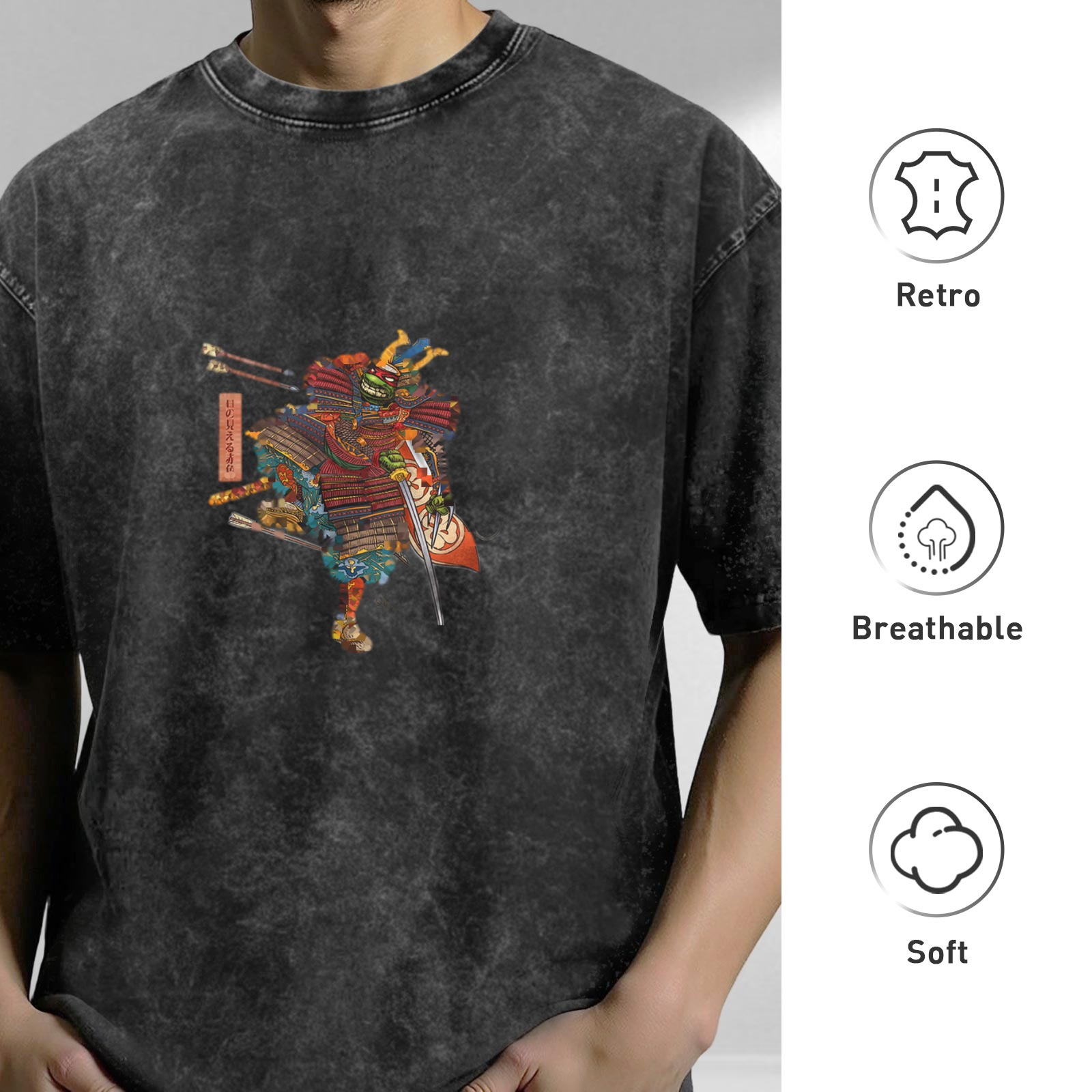Oversized Acid Wash T-Shirt with Samurai Graphic Print