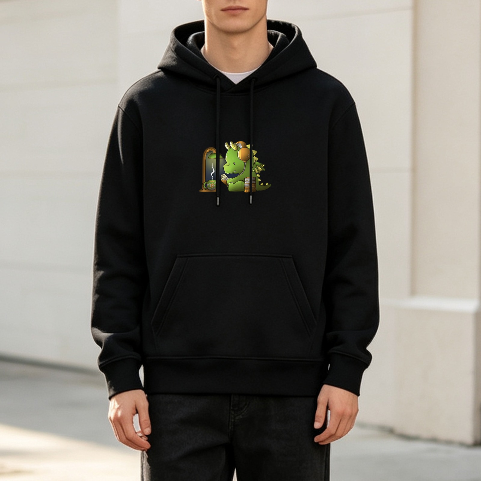 Black Hoodie With Cute Dragon Reading Book And Hot Drink Print