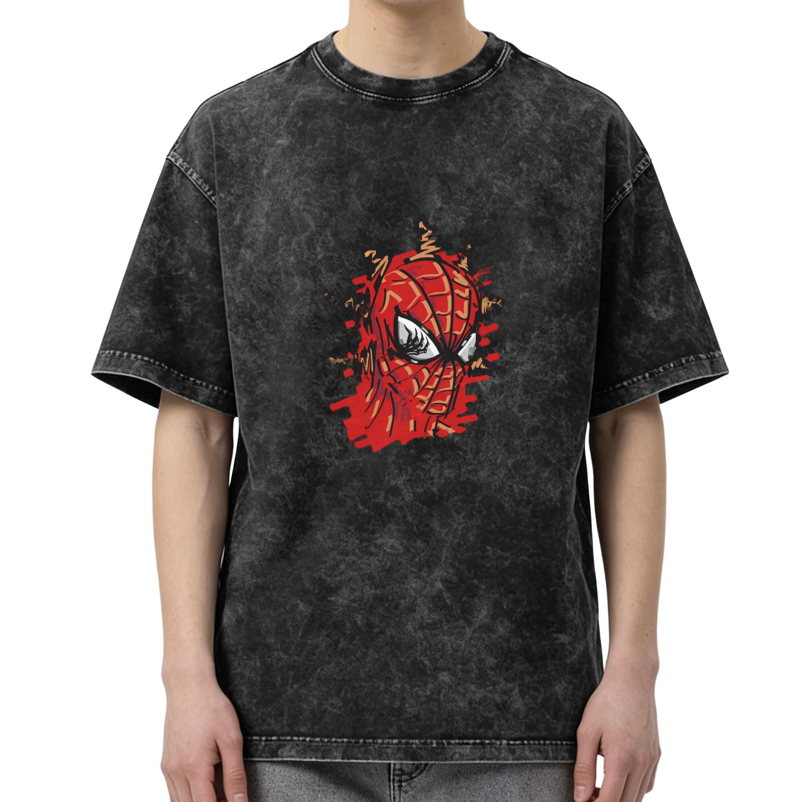 Oversized Acid Wash T-Shirt with Spider-Man Graphic Print