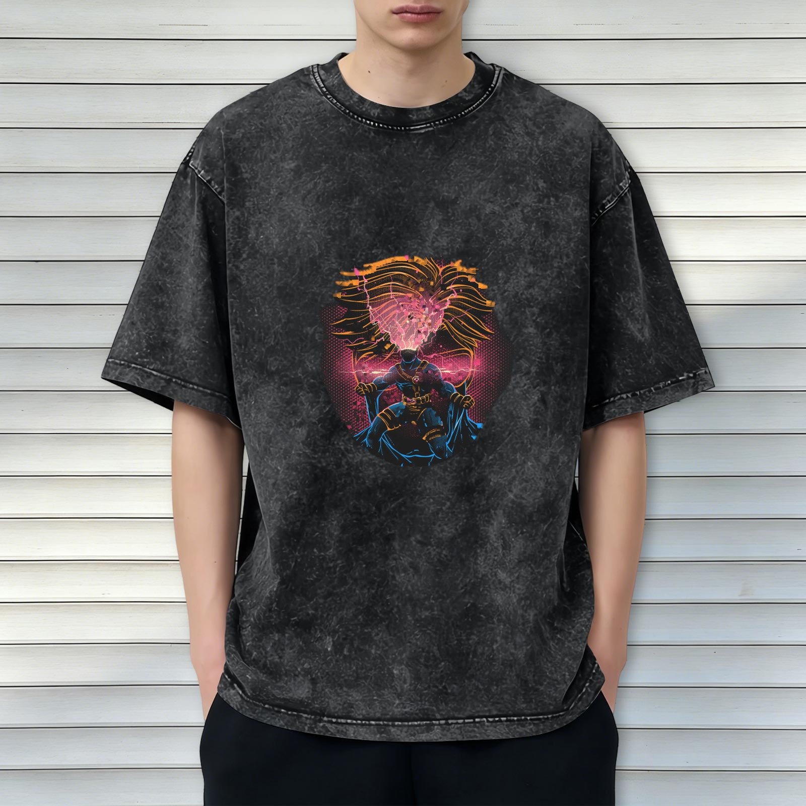 Oversized Acid Wash T-Shirt with Neon Superhero Graphic