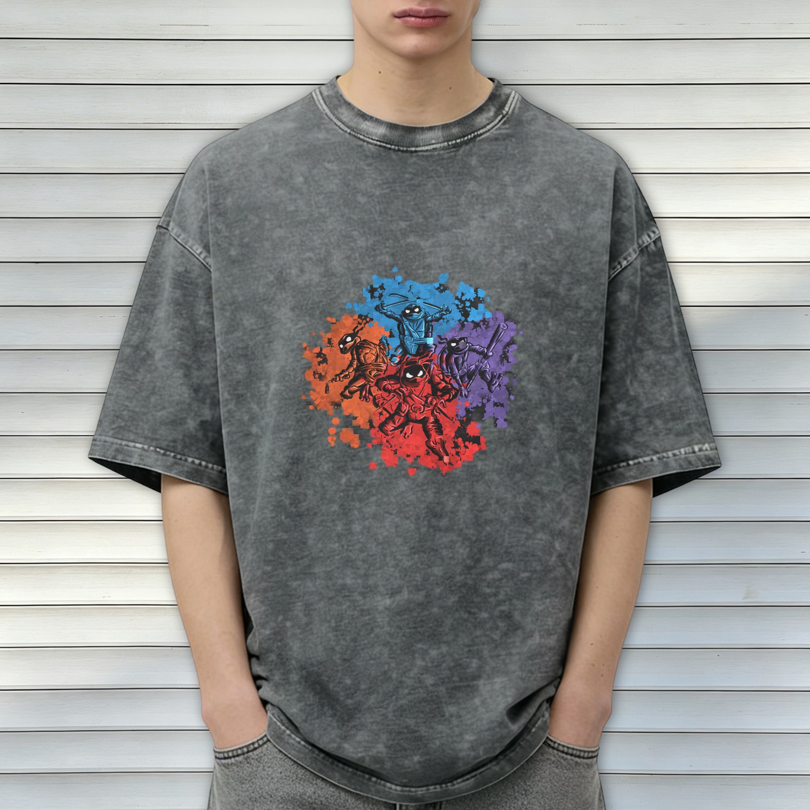 Washed Black T-Shirt With Ninja Turtle Splatter Graphic