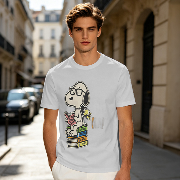 Olive T-shirt with Snoopy reading on stack of books