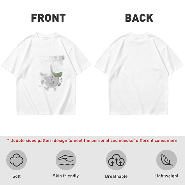 Olive green graphic t-shirt with playful cartoon character print