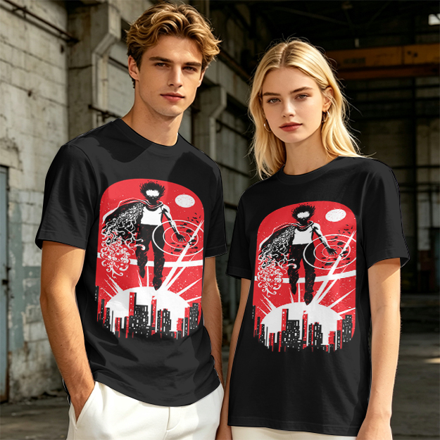Olive T-Shirt With Anime Superhero Over City Graphic