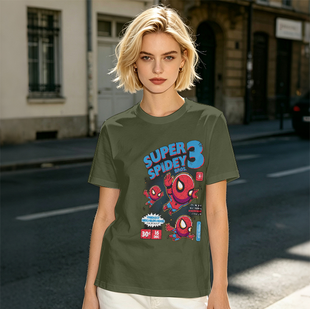 Olive T-shirt with Super Spidey 3 Chibi Spider-Man Graphic