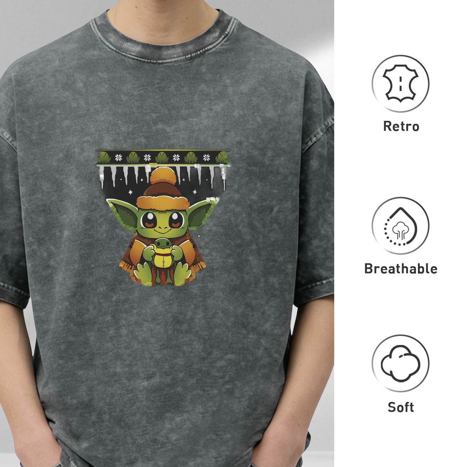 Washed black t-shirt with cute Baby Yoda holiday frog graphic