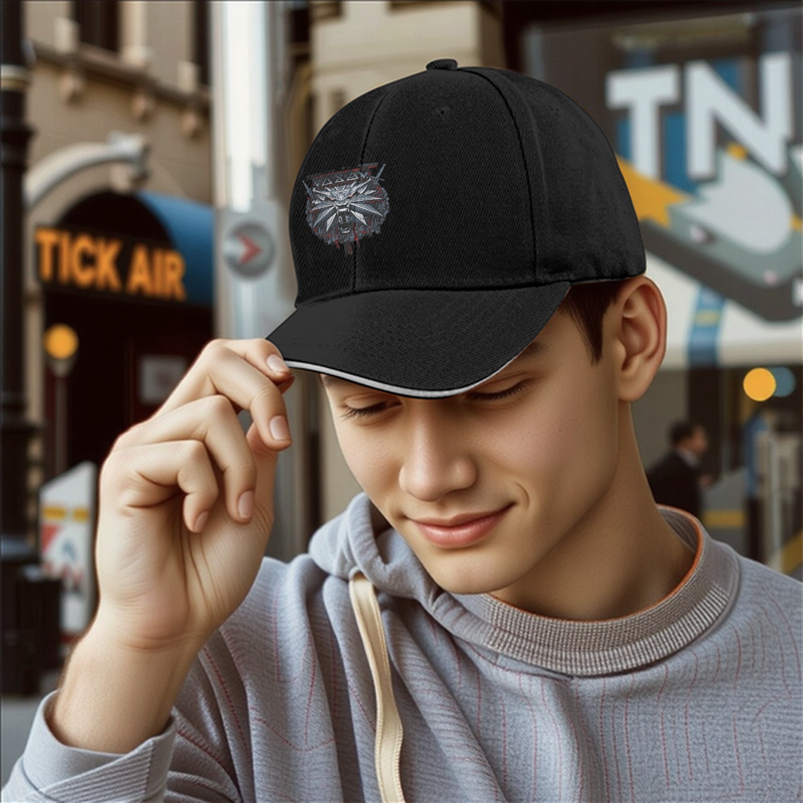 Black Baseball Cap With Witcher Wolf Medallion Graphic