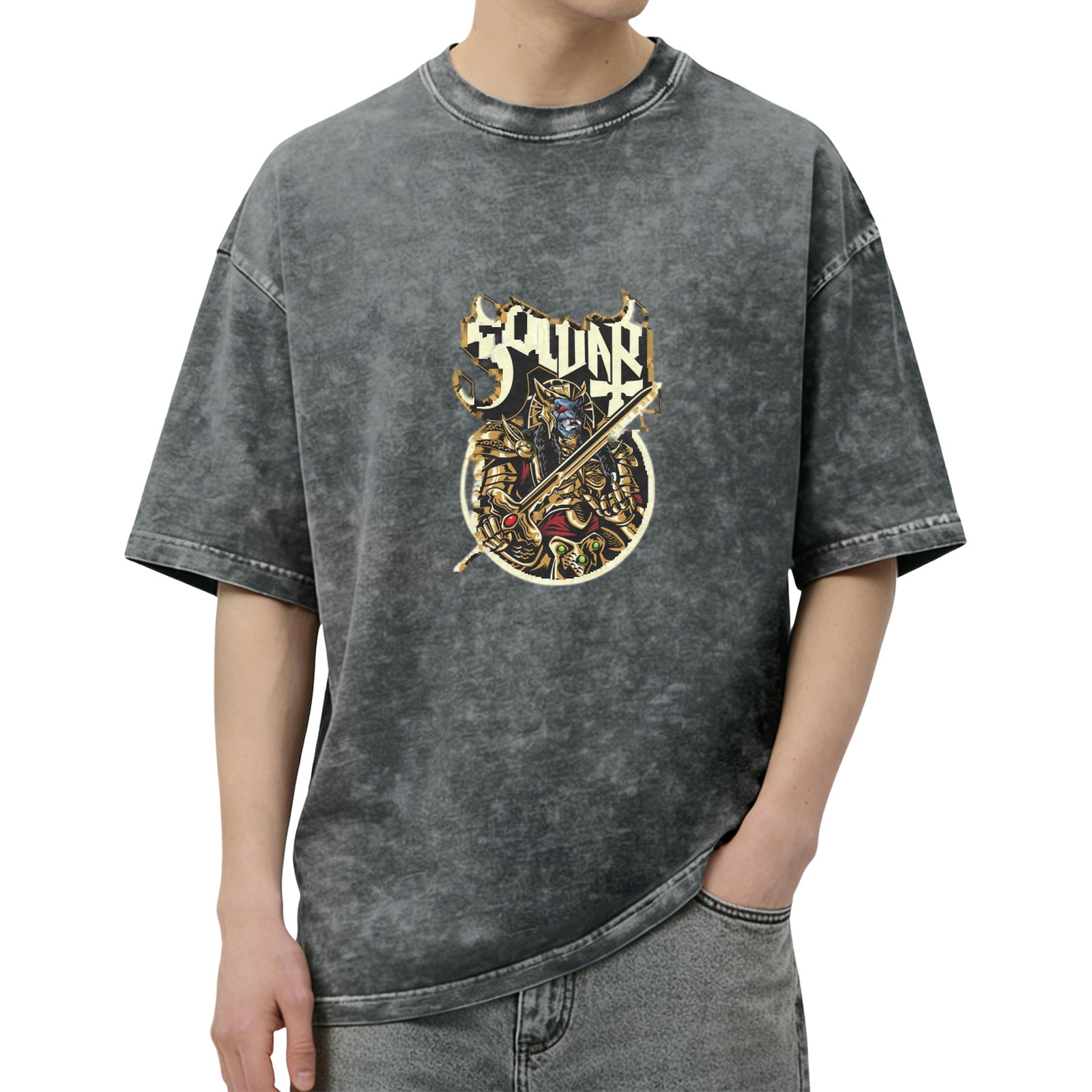 Oversized Acid Wash T-Shirt With Fantasy Warrior Graphic Print