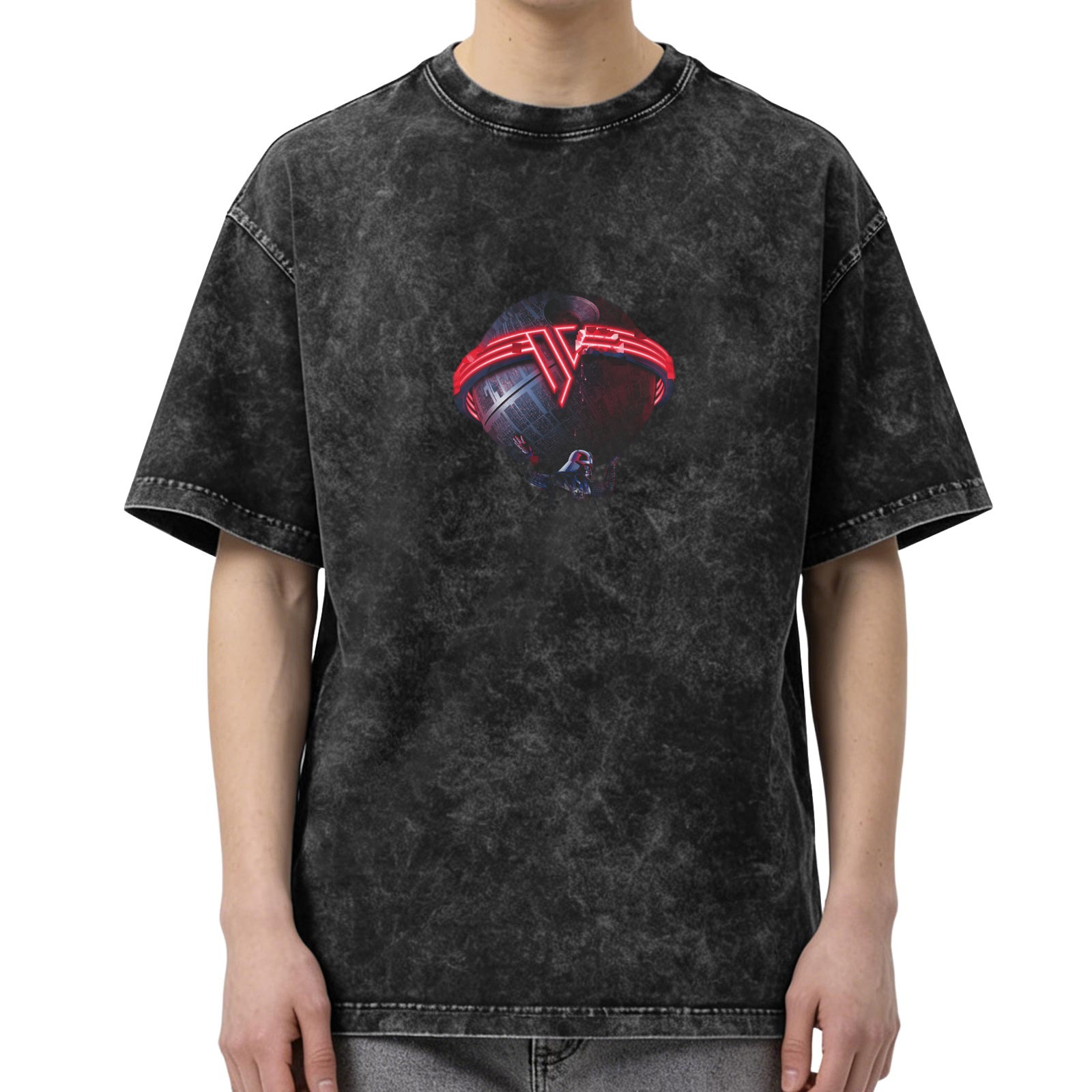 Distressed washed black loose short-sleeved T-shirt Star Wars themed print