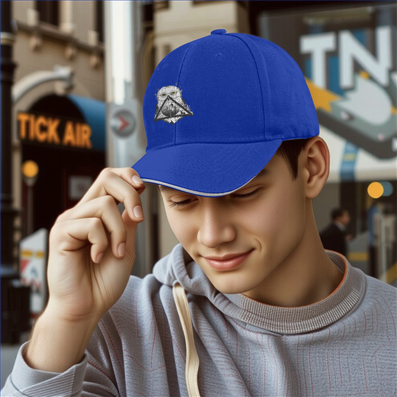 Black baseball cap with owl and deathly hallows graphic