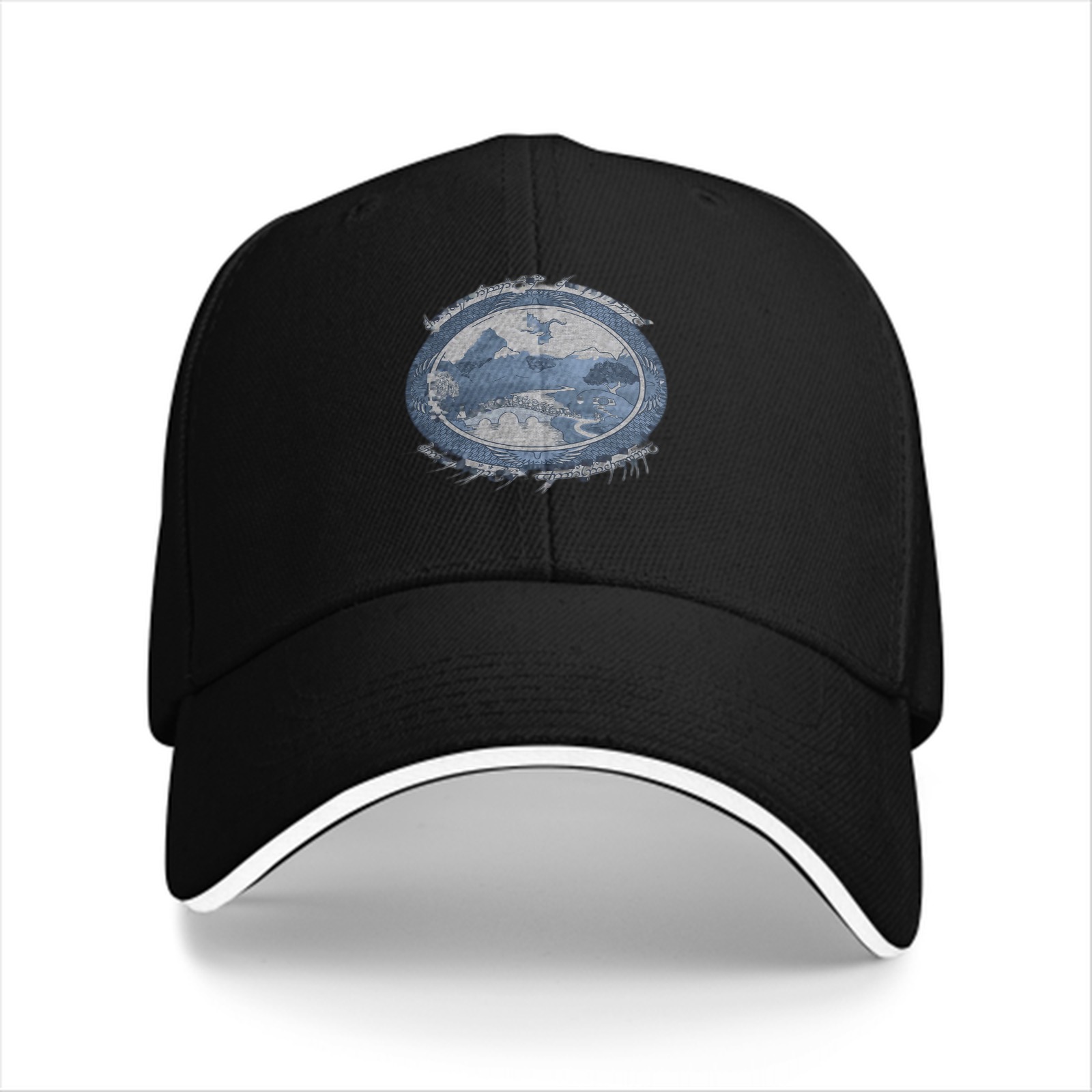 Black Baseball Cap With Distressed Blue Landscape Graphic