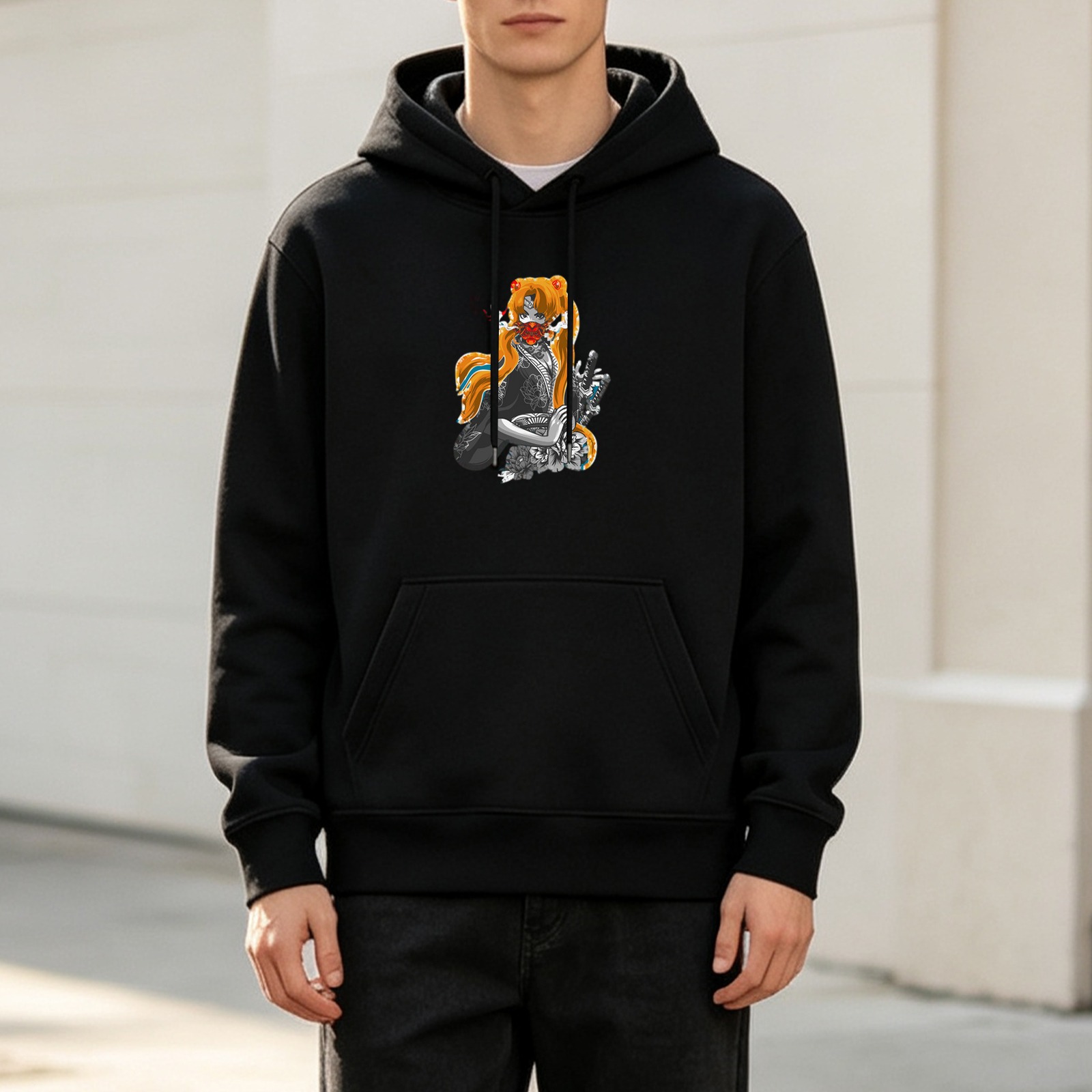 Black hoodie with anime character graphic print
