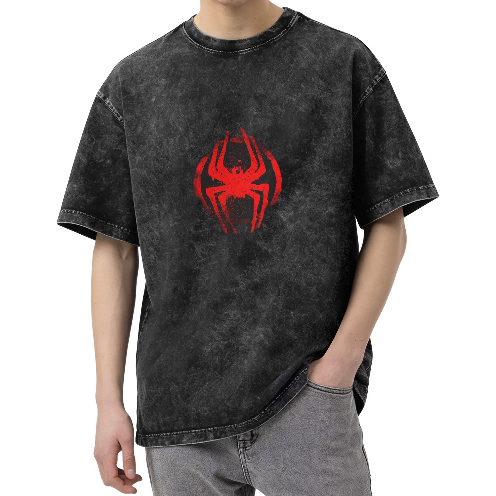 Washed Black Oversized T-Shirt with Red Spider Logo Graphic
