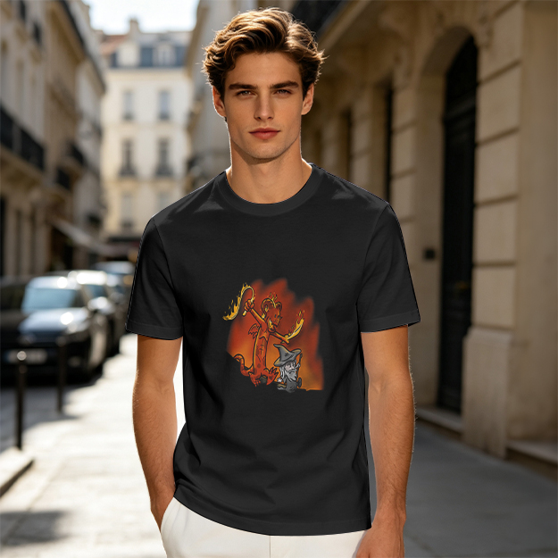 Olive T-shirt with Cartoon Demon and Wizard Fantasy Print
