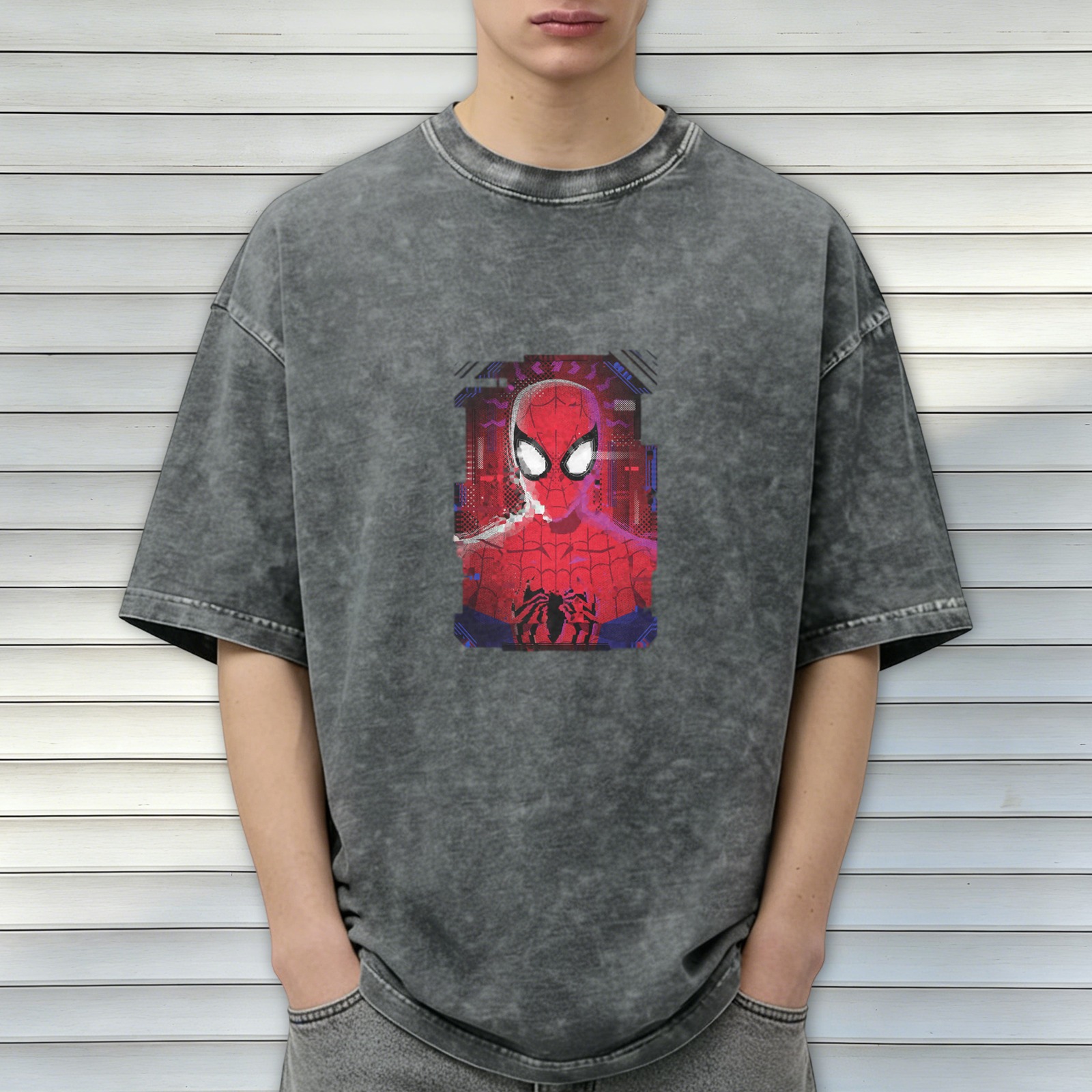 Washed Black Oversized T-Shirt with Spider-Man Graphic