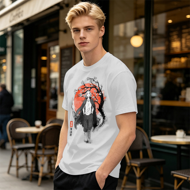 Anime Character with Cherry Blossom Red Moon Graphic T-Shirt