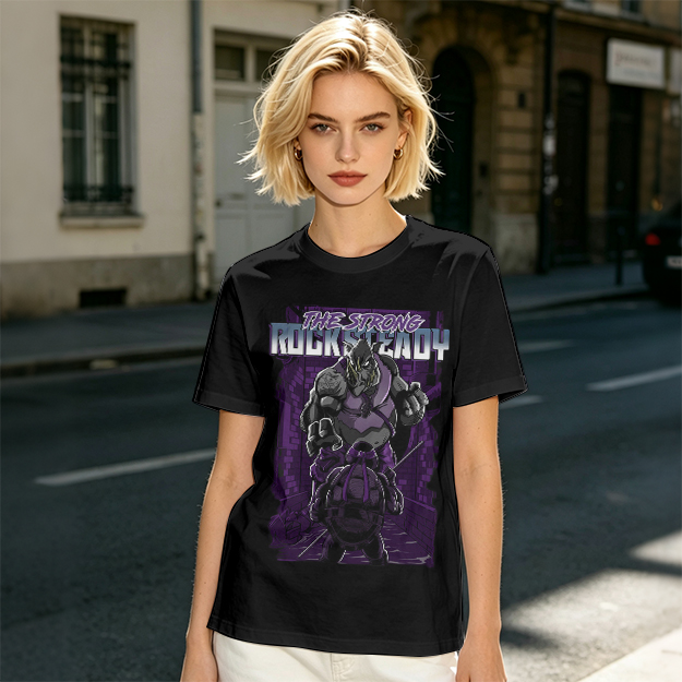 Olive green t-shirt featuring Rocksteady the strong mutant character
