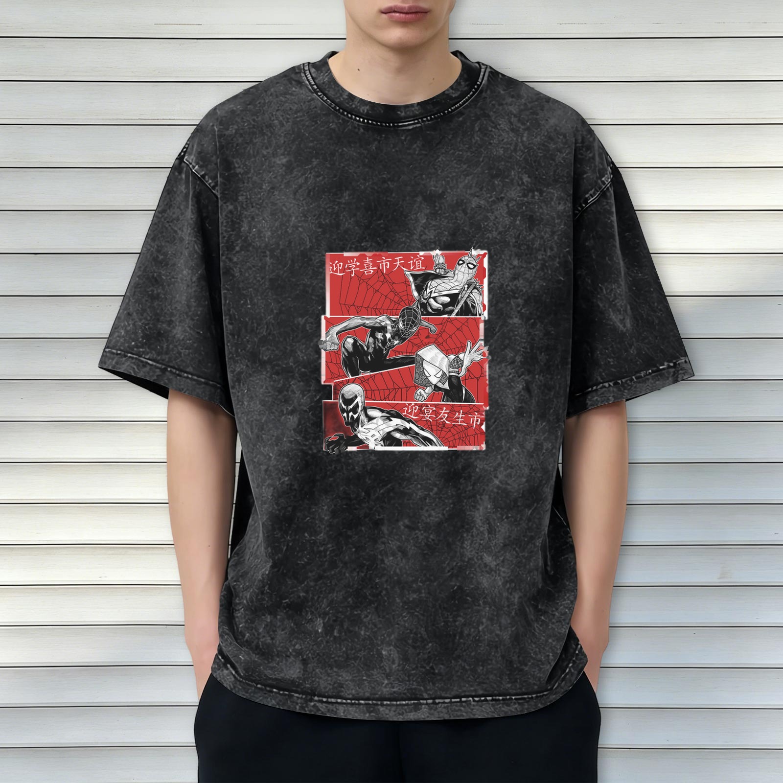 Oversized Spider-Verse Graphic T-Shirt with Red Panels