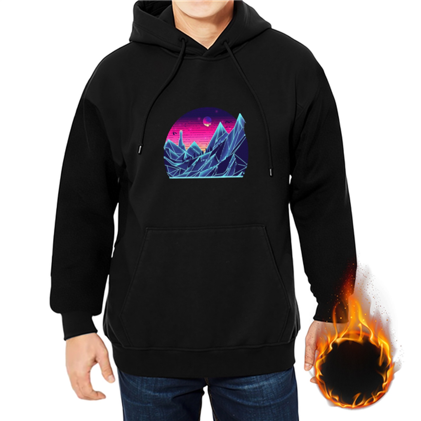 Black Hoodie With Neon Futuristic Mountain Landscape Print