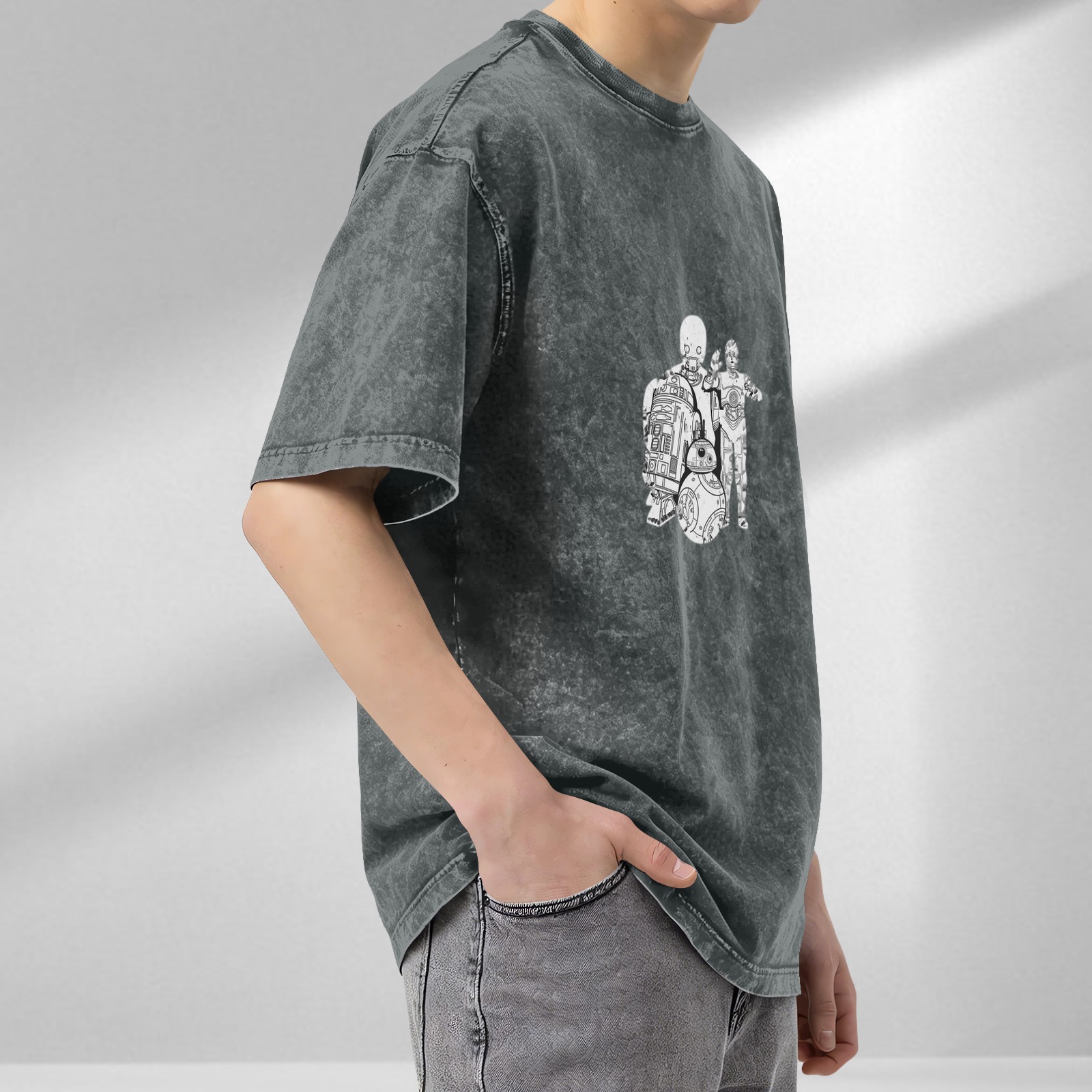 Star Wars Droids Graphic Black Acid Wash Oversized T-Shirt