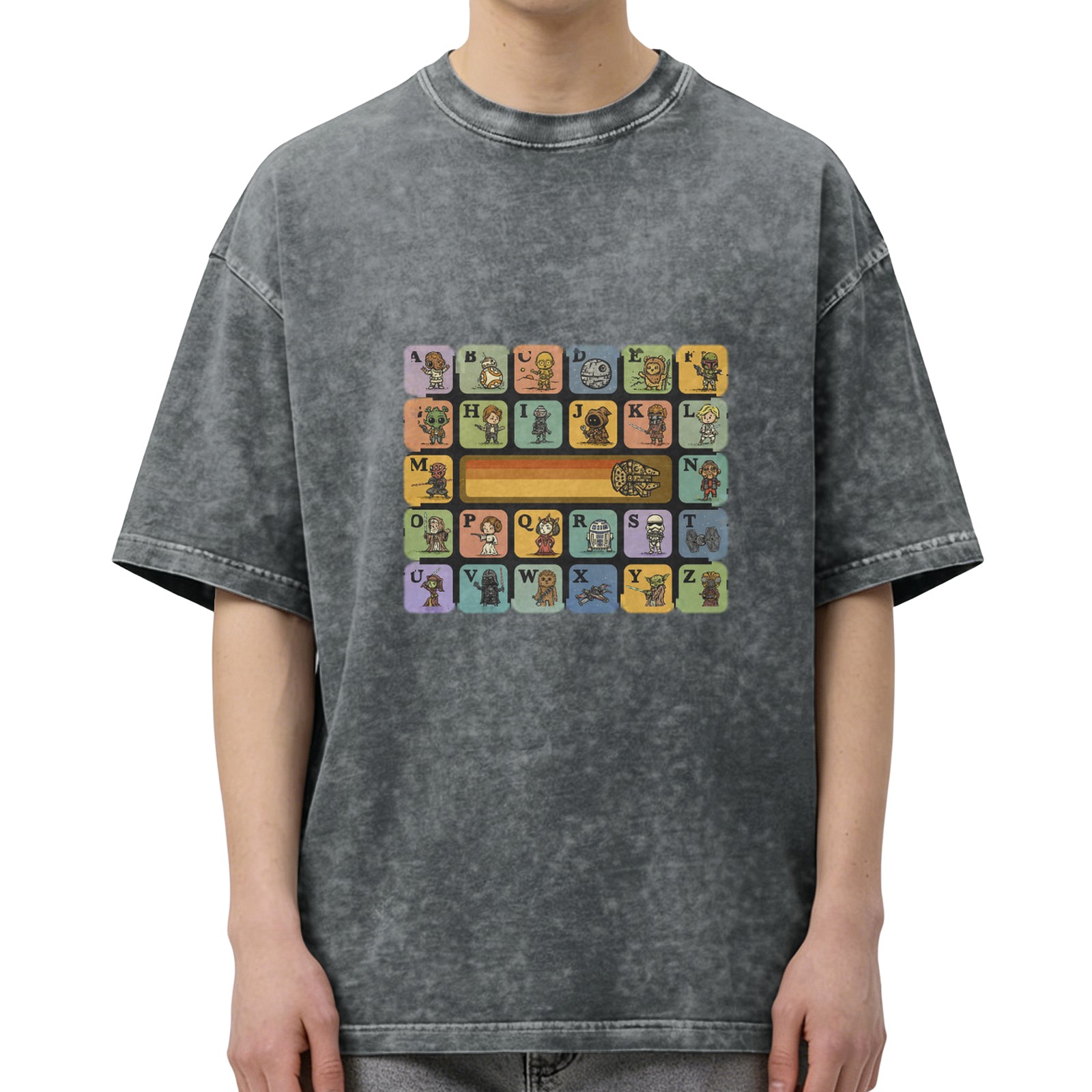 Star Wars Alphabet Characters Graphic Acid Wash T-Shirt