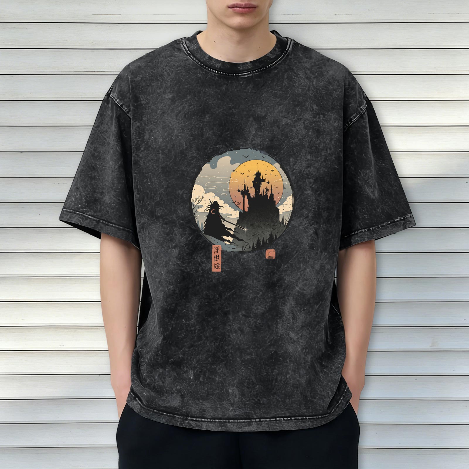 Distressed washed black round neck short-sleeved T-shirt Ukiyo-e style dark castle samurai pattern top