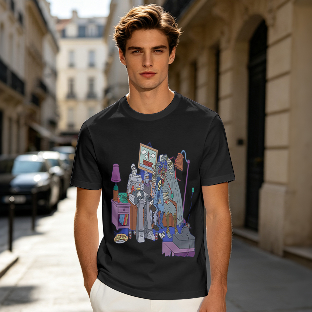 Olive T-Shirt With Quirky Room Scene Graphic Print
