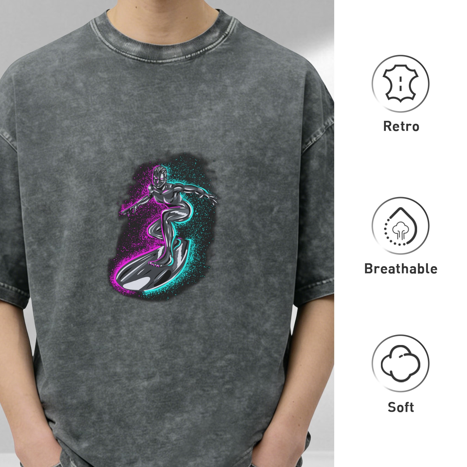 Oversized Acid Wash T-Shirt With Neon Surfer Graphic