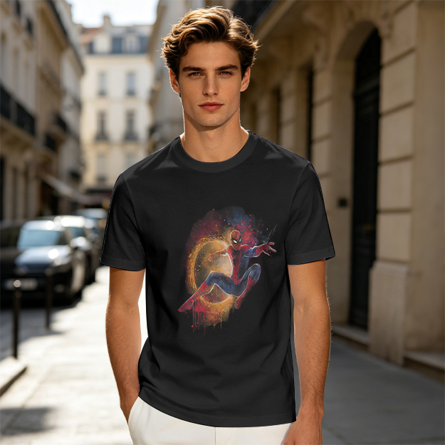Olive Green Spider-Man Graphic T-Shirt with Cosmic Art Print