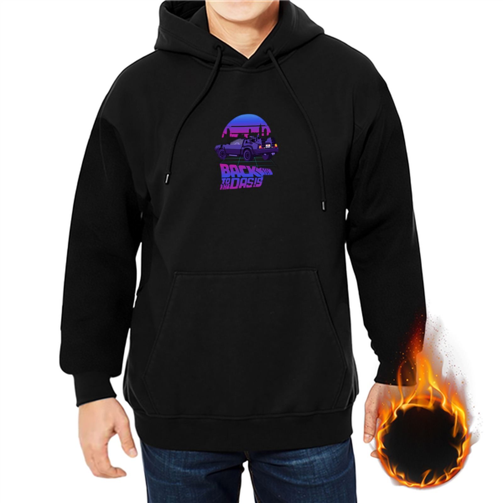 Black hoodie with retro synthwave DeLorean and Back to the Future themed print