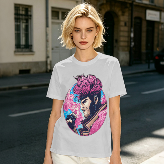 Olive T-Shirt With Pink Haired Superhero Character Art Print