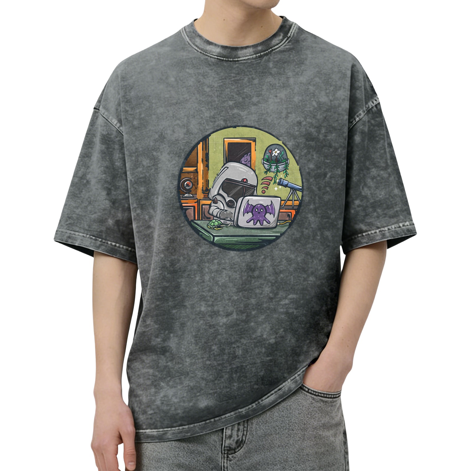 Astronaut Helmet at Desk with Laptop and Telescope Graphic T-Shirt