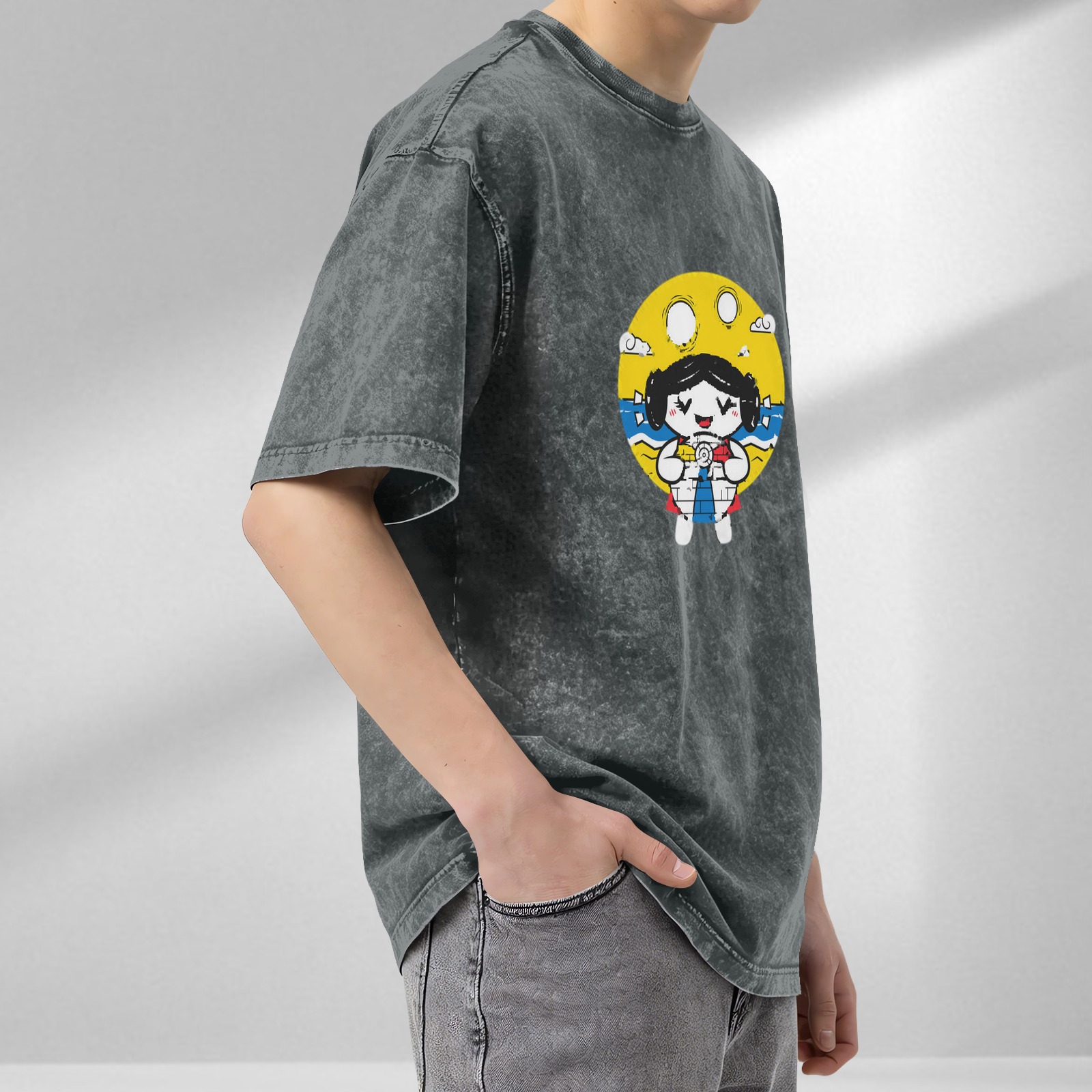 Washed Black T-Shirt With Cute Beach Girl Graphic Print