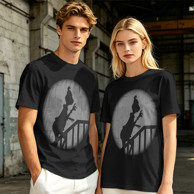 Olive Green T-Shirt With Grinch Silhouette On Staircase Print