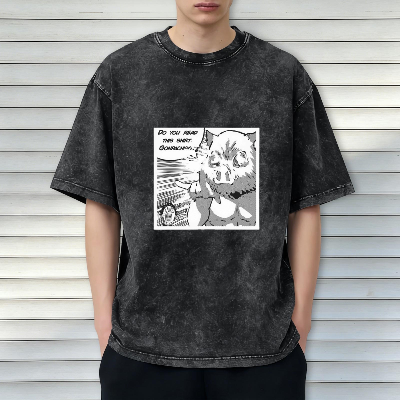 oversized acid wash manga panel t-shirt with do you read this shirt gonpachiro print