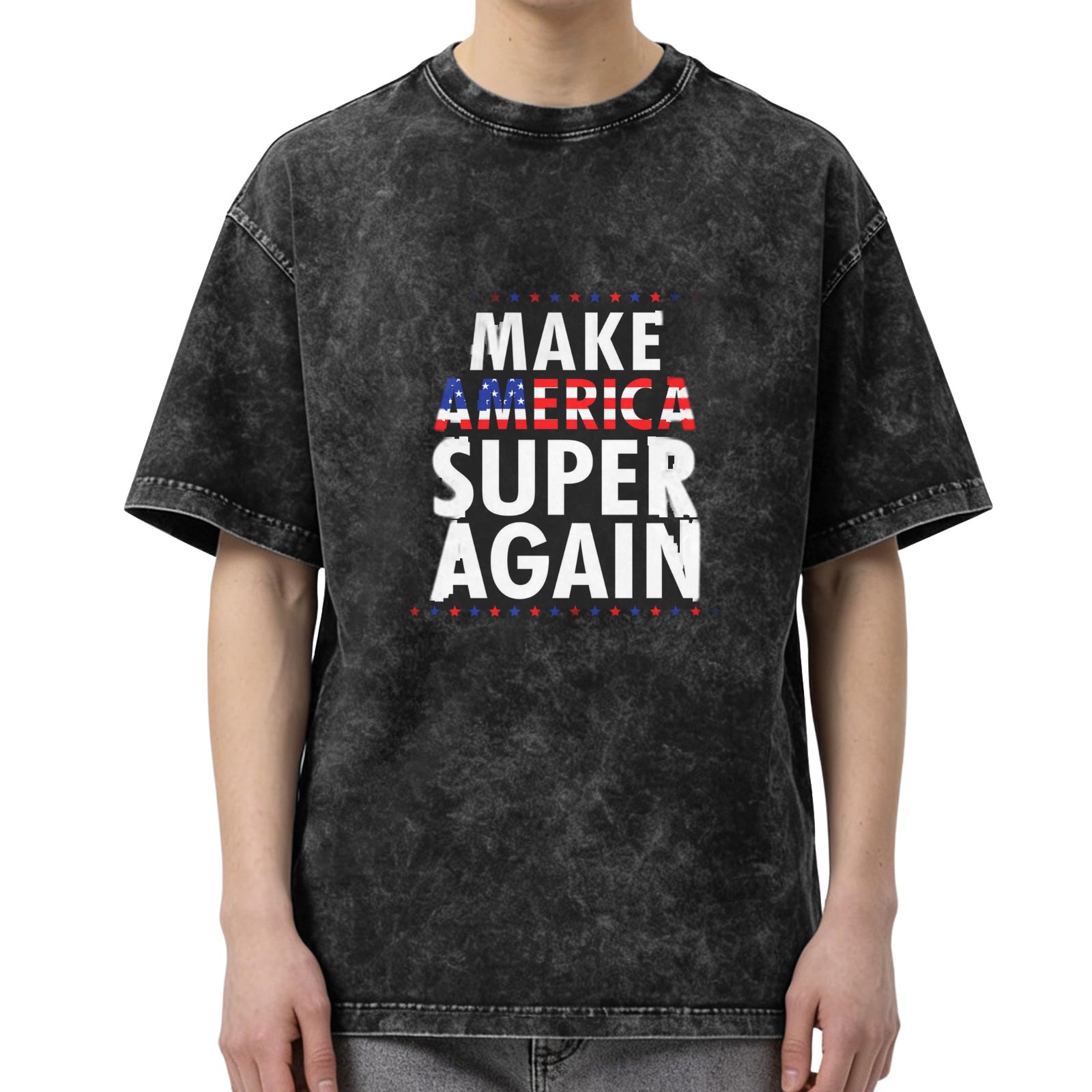 Oversized dark wash t-shirt with Make America Super Again patriotic print