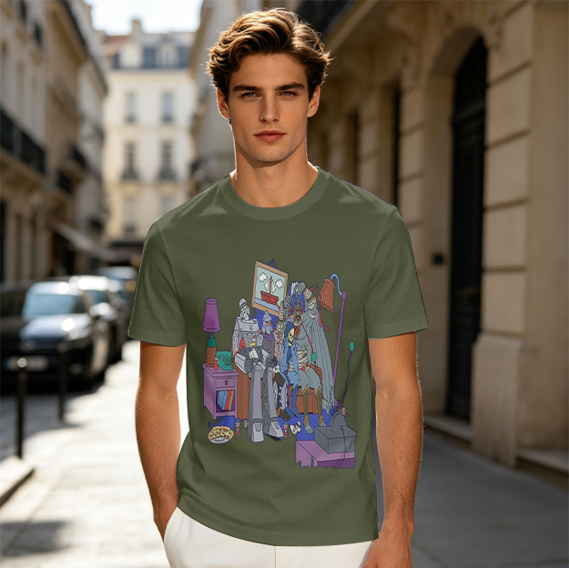 Olive T-Shirt With Quirky Room Scene Graphic Print
