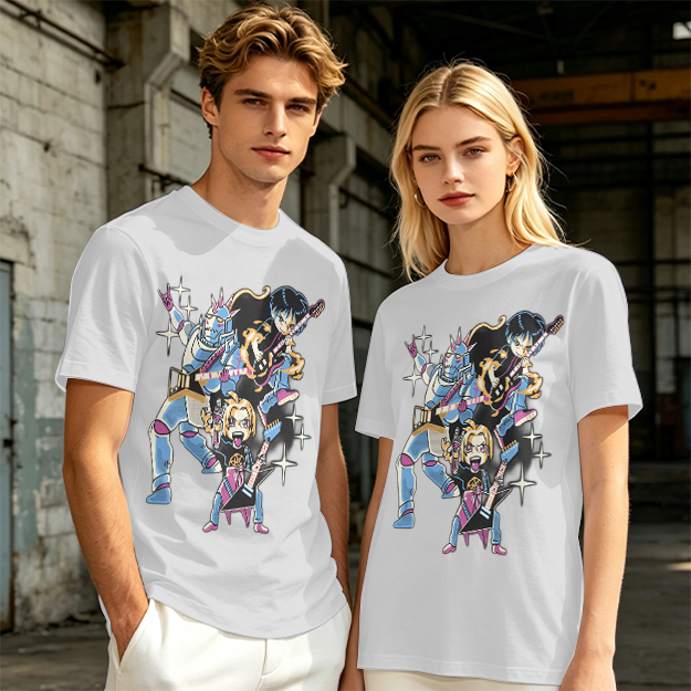 Olive T-shirt with Anime Rock Band Characters Graphic
