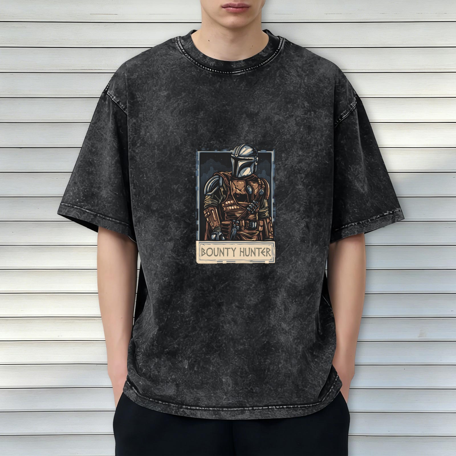 Washed Black T-Shirt With Mandalorian Bounty Hunter Print