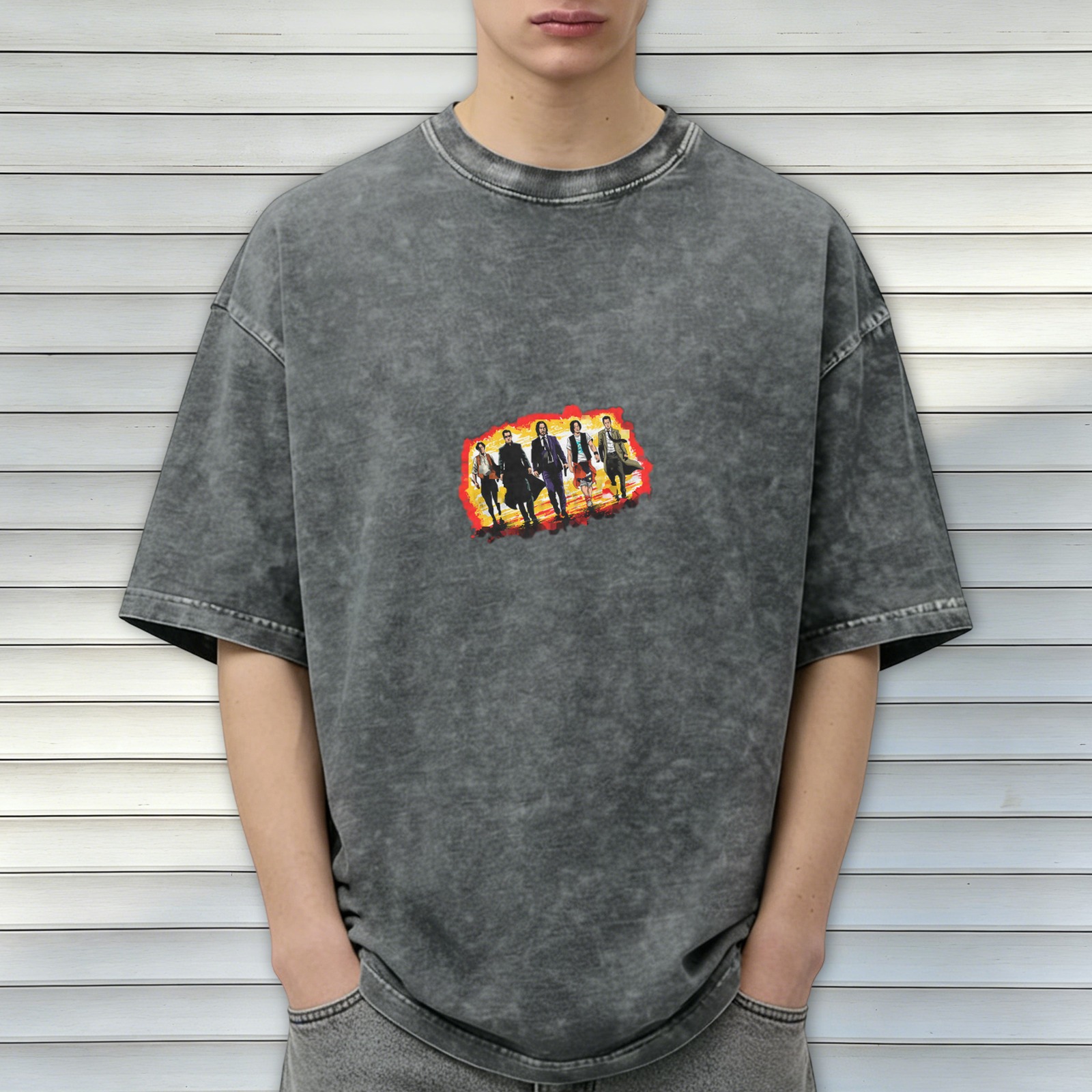 Distressed washed black loose short-sleeved T-shirt with film and television character prints